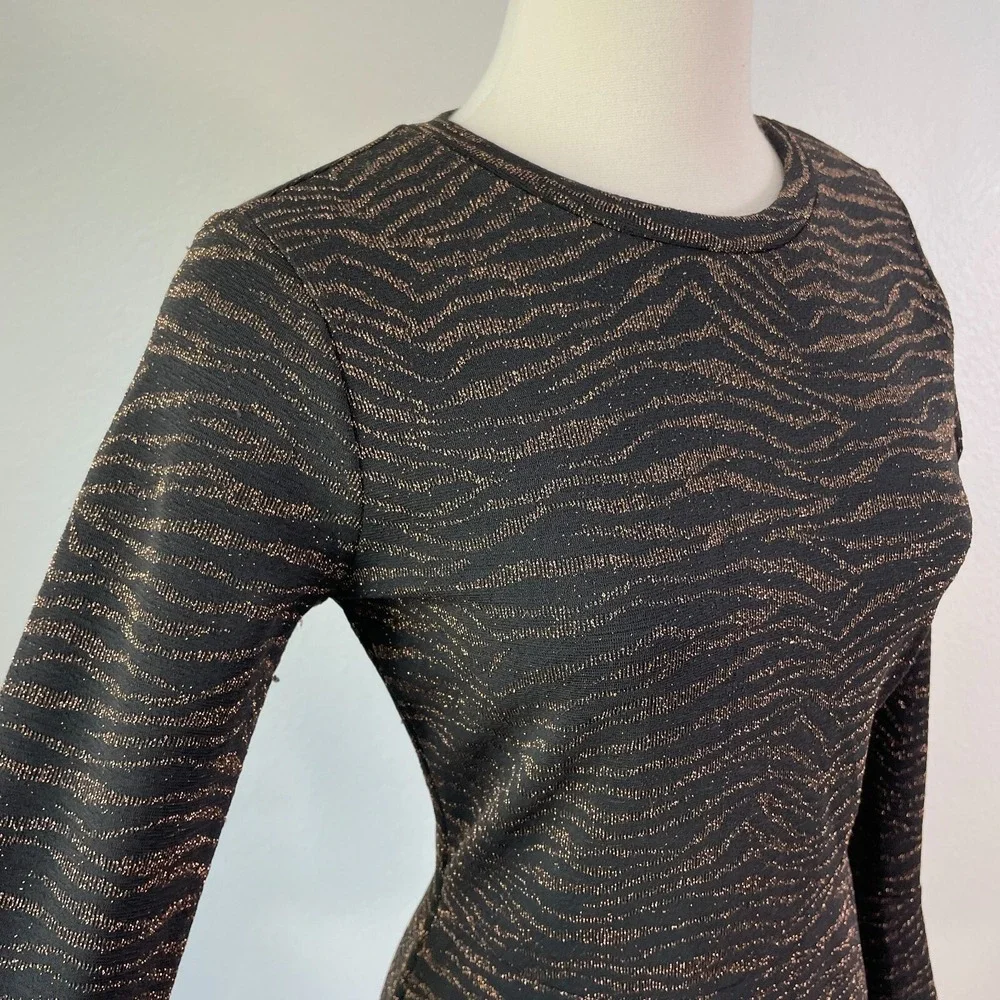 Michael Kors Womens Small Metallic Animal Print Flounce Hem Dress Long Sleeve‎